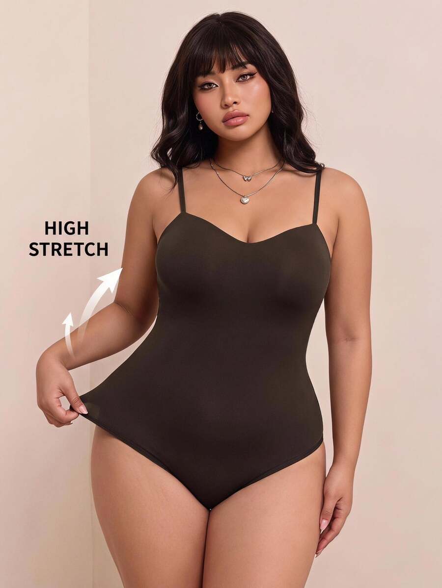 CovetEZ Autumn/Winter Vintage Brown High Elastic Versatile Casual Plus Size Spaghetti Strap Bodysuit - Brown - View 1