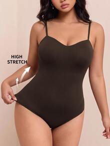 CovetEZ Autumn/Winter Vintage Brown High Elastic Versatile Casual Plus Size Spaghetti Strap Bodysuit - Brown - View 2