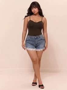 CovetEZ Autumn/Winter Vintage Brown High Elastic Versatile Casual Plus Size Spaghetti Strap Bodysuit - Brown - View 6