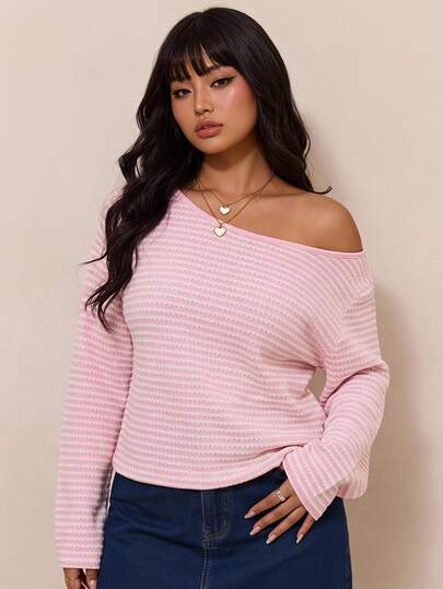 CovetEZ Plus Size Women's Spring/Summer New Knit Striped Loose Asymmetric Shoulder Long Sleeve Cropped T-Shirt, Suitable For Outings, Street Style, Y2K Style, Spring Long Sleeve Cute Pink Pineapple Floral Striped Top, Summer Top, Suitable For Daily Commute, Dating, Party, Autumn/Winter/Spring/Summer