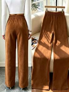 LUMIGAL Women's Solid Color Casual Versatile Daily Wear Long Pants Fall/Winter - Brown - View 3