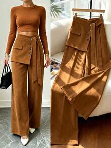LUMIGAL Women's Solid Color Casual Versatile Daily Wear Long Pants Fall/Winter - Brown - View 2