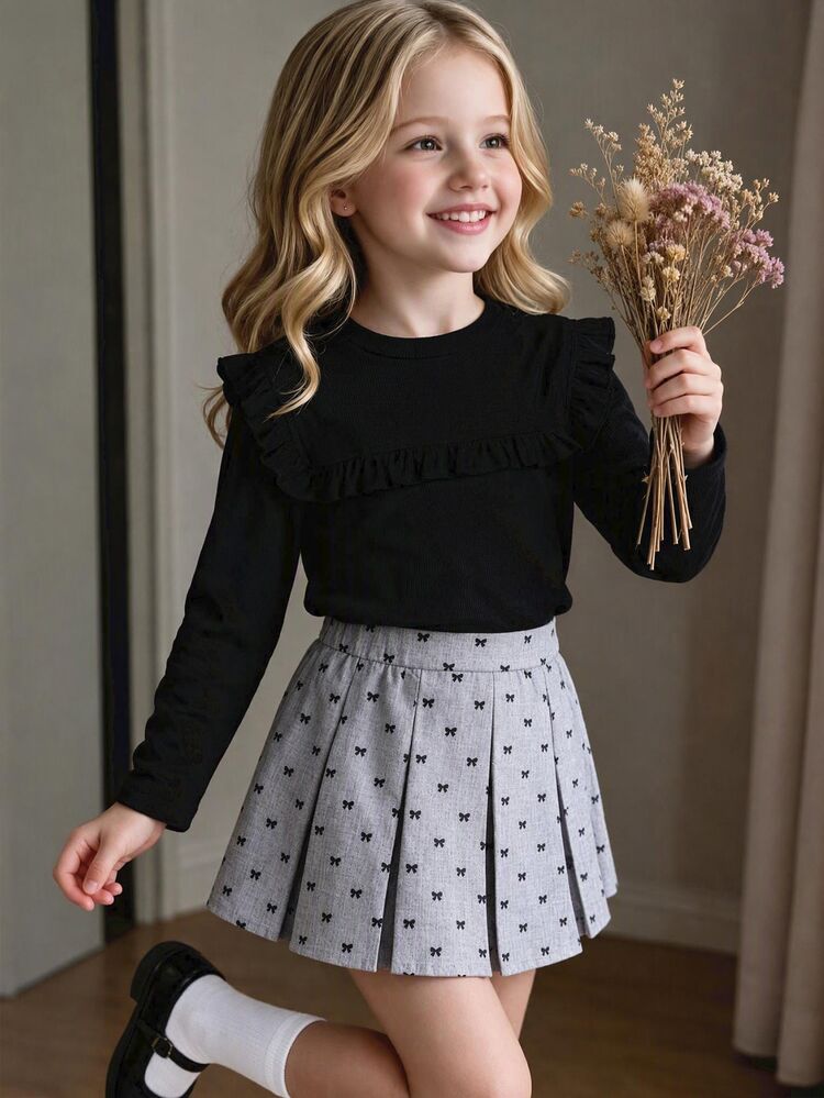 SHEIN 2pcs/Set Girls' Minimalist Cute Black Ribbed Knit Long Sleeve Top & Bow Full Print Fashion Skirt, Autumn/Winter T-Shirt Set - Grey - View 1