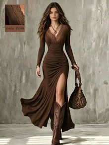 SHEIN LUNE Deep Brown Lace V-Neck Pleated High Slit Maxi Dress - Dark Brown - View 6