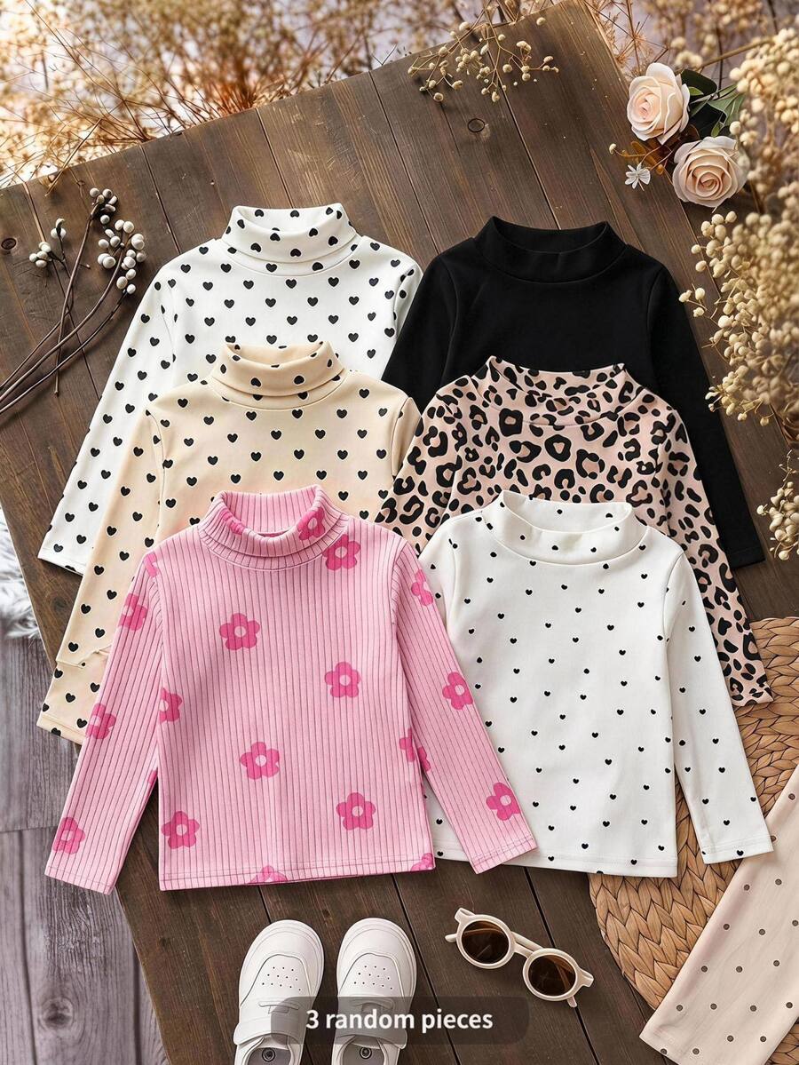 SHEIN 女嬰長袖小立領休閒上衣(愛心/豹紋印花與素色)3件組套裝 - 彩色 - 查看 1