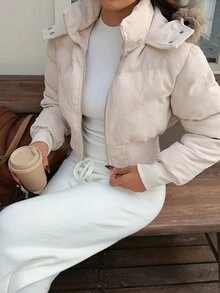 SHEIN EZwear 淺卡其色編織女款帽子拼接抓絨短版鋪棉外套 - 卡其色 - 查看 1