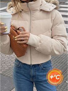 SHEIN EZwear 淺卡其色編織女款帽子拼接抓絨短版鋪棉外套 - 卡其色 - 查看 8