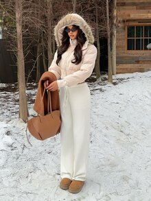 SHEIN EZwear 淺卡其色編織女款帽子拼接抓絨短版鋪棉外套 - 卡其色 - 查看 4
