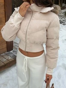 SHEIN EZwear 淺卡其色編織女款帽子拼接抓絨短版鋪棉外套 - 卡其色 - 查看 7