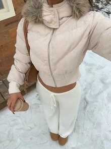 SHEIN EZwear 淺卡其色編織女款帽子拼接抓絨短版鋪棉外套 - 卡其色 - 查看 2