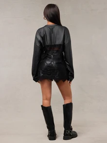 Radiana Sexy Streetwear Casual Fashion Sporty T-Shirt, Rivet Decor Lace Patchwork PU Top, Oversized Loose Suitable For Daily Outings, Festivals, Fall - Black - View 4