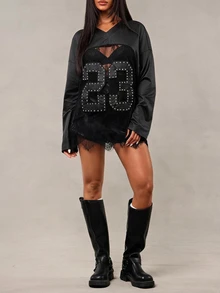 Radiana Sexy Streetwear Casual Fashion Sporty T-Shirt, Rivet Decor Lace Patchwork PU Top, Oversized Loose Suitable For Daily Outings, Festivals, Fall - Black - View 3