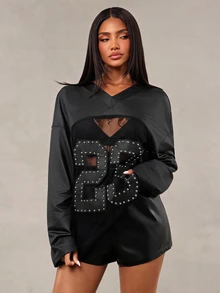 Radiana Sexy Streetwear Casual Fashion Sporty T-Shirt, Rivet Decor Lace Patchwork PU Top, Oversized Loose Suitable For Daily Outings, Festivals, Fall - Black - View 1