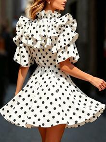 SHEIN Women's Black And White Polka Dot Ruffle Small Stand Collar Front Chest Large Ruffle Pleated Ruffle Sleeve Short Dress, Suitable For Spring And Summer Wear, Suitable For Daily Commute, Daily Elegance, Romantic Date, Beach Leisure Vacation - Black and White - View 3