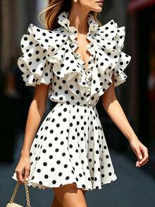 SHEIN Women's Black And White Polka Dot Ruffle Small Stand Collar Front Chest Large Ruffle Pleated Ruffle Sleeve Short Dress, Suitable For Spring And Summer Wear, Suitable For Daily Commute, Daily Elegance, Romantic Date, Beach Leisure Vacation - Black and White - View 4