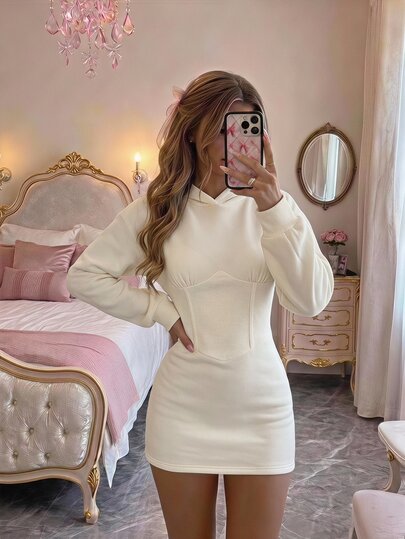 SHEIN MOD Apricot Waist-Cinching Hooded Sweatshirt Dress