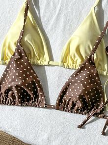 SHEIN Swim Women's Summer Beach Holiday Halter Neck Tie Back Sexy Polka Dot Bikini Set Set - Multicolor - View 6