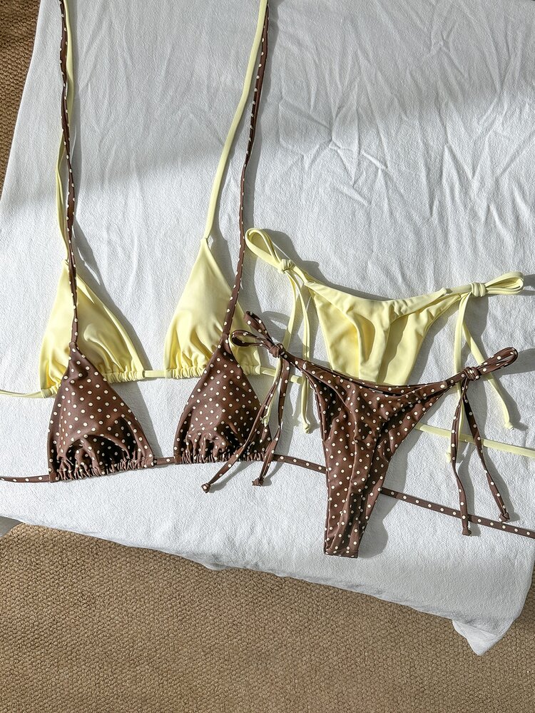 SHEIN Swim Women's Summer Beach Holiday Halter Neck Tie Back Sexy Polka Dot Bikini Set Set - Multicolor - View 7