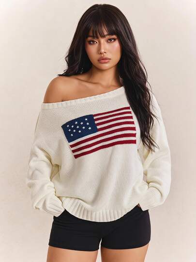 CovetEZ American Independence Day Flag One Shoulder Cold Casual 80s 90s Minimalist White Plus Size Sweater Formal Wedding Teacher Vacation Autumn Fall