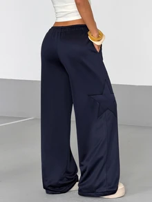 SHEIN EZwear Women's Long Pants Sweatshirt Applique Embroidery Casual Streetwear Athleisure Daily Wear Preppy Style Everyday Vacation Navy Blue Fall Travel Airport - Navy Blue - View 2