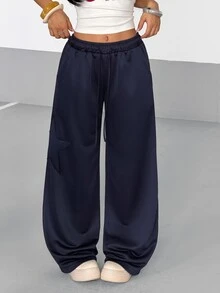 SHEIN EZwear Women's Long Pants Sweatshirt Applique Embroidery Casual Streetwear Athleisure Daily Wear Preppy Style Everyday Vacation Navy Blue Fall Travel Airport - Navy Blue - View 4