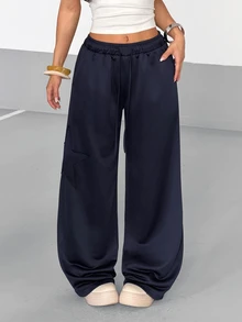 SHEIN EZwear Women's Long Pants Sweatshirt Applique Embroidery Casual Streetwear Athleisure Daily Wear Preppy Style Everyday Vacation Navy Blue Fall Travel Airport - Navy Blue - View 5