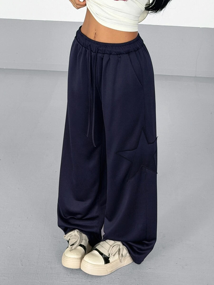 SHEIN EZwear Women's Long Pants Sweatshirt Applique Embroidery Casual Streetwear Athleisure Daily Wear Preppy Style Everyday Vacation Navy Blue Fall Travel Airport - Navy Blue - View 1