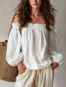 Glimmora Women's Cold Shoulder Blouse With Frill Trim Puff Sleeves Loose Casual Top - White - View 2