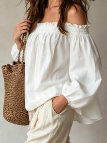 Glimmora Women's Cold Shoulder Blouse With Frill Trim Puff Sleeves Loose Casual Top - White - View 5