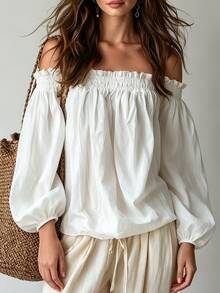 Glimmora Women's Cold Shoulder Blouse With Frill Trim Puff Sleeves Loose Casual Top - White - View 4