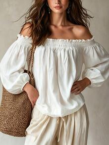 Glimmora Women's Cold Shoulder Blouse With Frill Trim Puff Sleeves Loose Casual Top - White - View 6