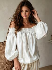 Glimmora Women's Cold Shoulder Blouse With Frill Trim Puff Sleeves Loose Casual Top - White - View 1