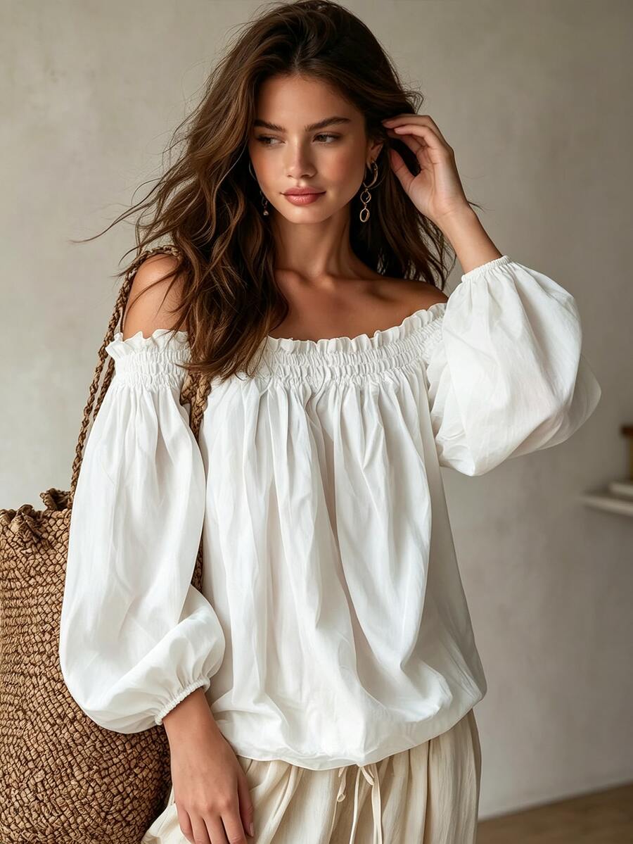 Glimmora Women's Cold Shoulder Blouse With Frill Trim Puff Sleeves Loose Casual Top - White - View 1