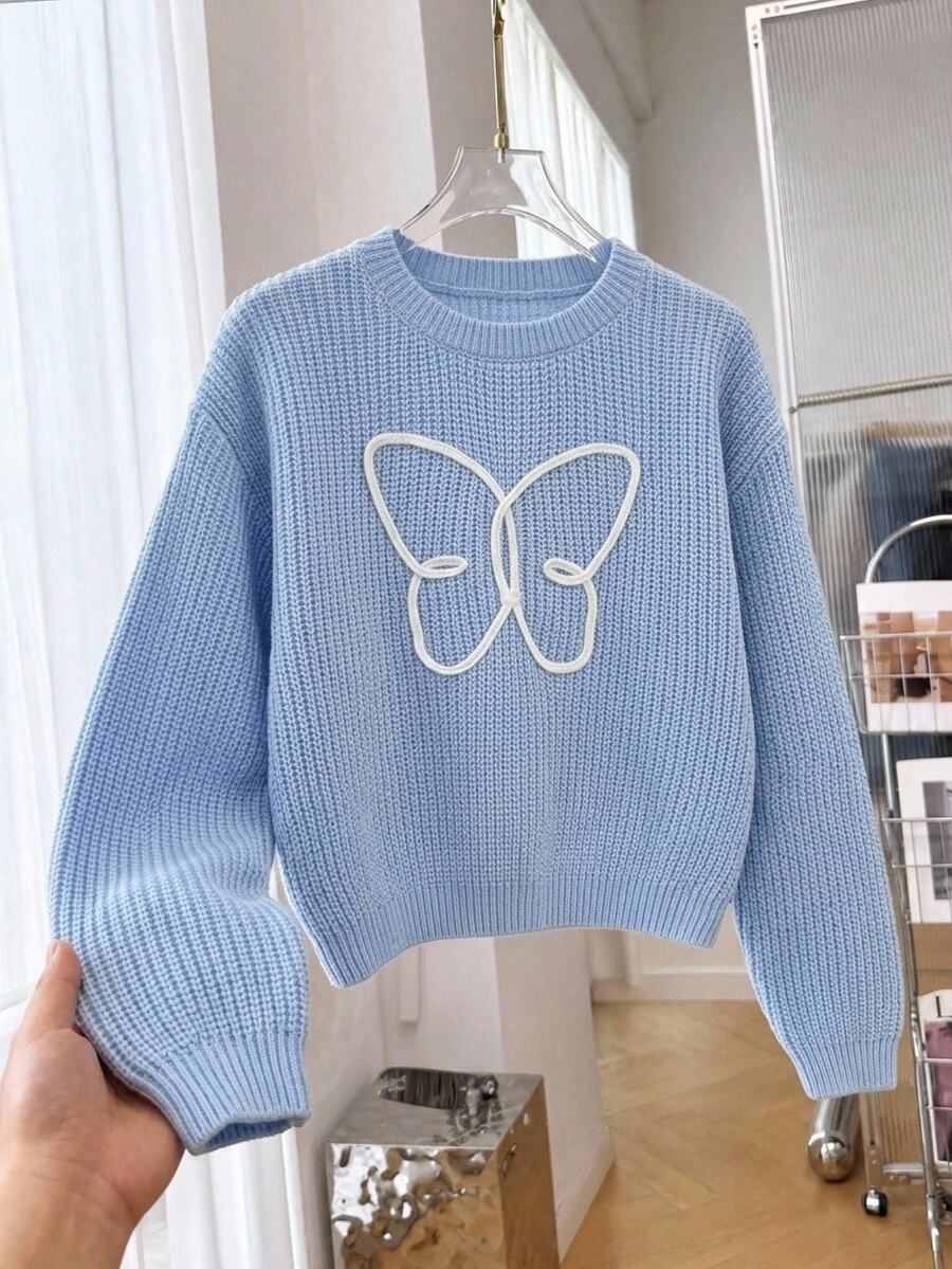 SHEIN New Stylish Versatile Cute Butterfly Pullover Sweater For Older Girls Autumn Winter - Baby Blue - View 1