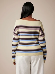 SHEIN SXY Plus Size Colorful Striped Asymmetrical Shoulder Long Sleeve Fitted Sweater - Multicolor - View 6