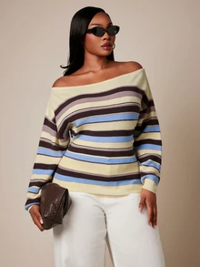 SHEIN SXY Plus Size Colorful Striped Asymmetrical Shoulder Long Sleeve Fitted Sweater - Multicolor - View 5