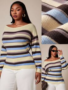 SHEIN SXY Plus Size Colorful Striped Asymmetrical Shoulder Long Sleeve Fitted Sweater - Multicolor - View 3