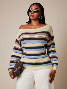 SHEIN SXY Plus Size Colorful Striped Asymmetrical Shoulder Long Sleeve Fitted Sweater - Multicolor - View 7