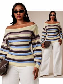 SHEIN SXY Plus Size Colorful Striped Asymmetrical Shoulder Long Sleeve Fitted Sweater - Multicolor - View 2