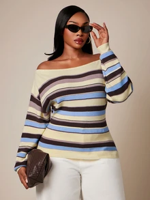 SHEIN SXY Plus Size Colorful Striped Asymmetrical Shoulder Long Sleeve Fitted Sweater - Multicolor - View 4