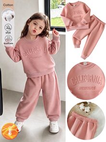 SHEIN 4-8Y Girls 2 Pieces Ribbed Tracksuit, Crew Neck Embossed Letter Sweatshirt & Jogger Pants Set, CottonBlend Spring Autumn Casual Young Girl Outfit - Pink - View 2