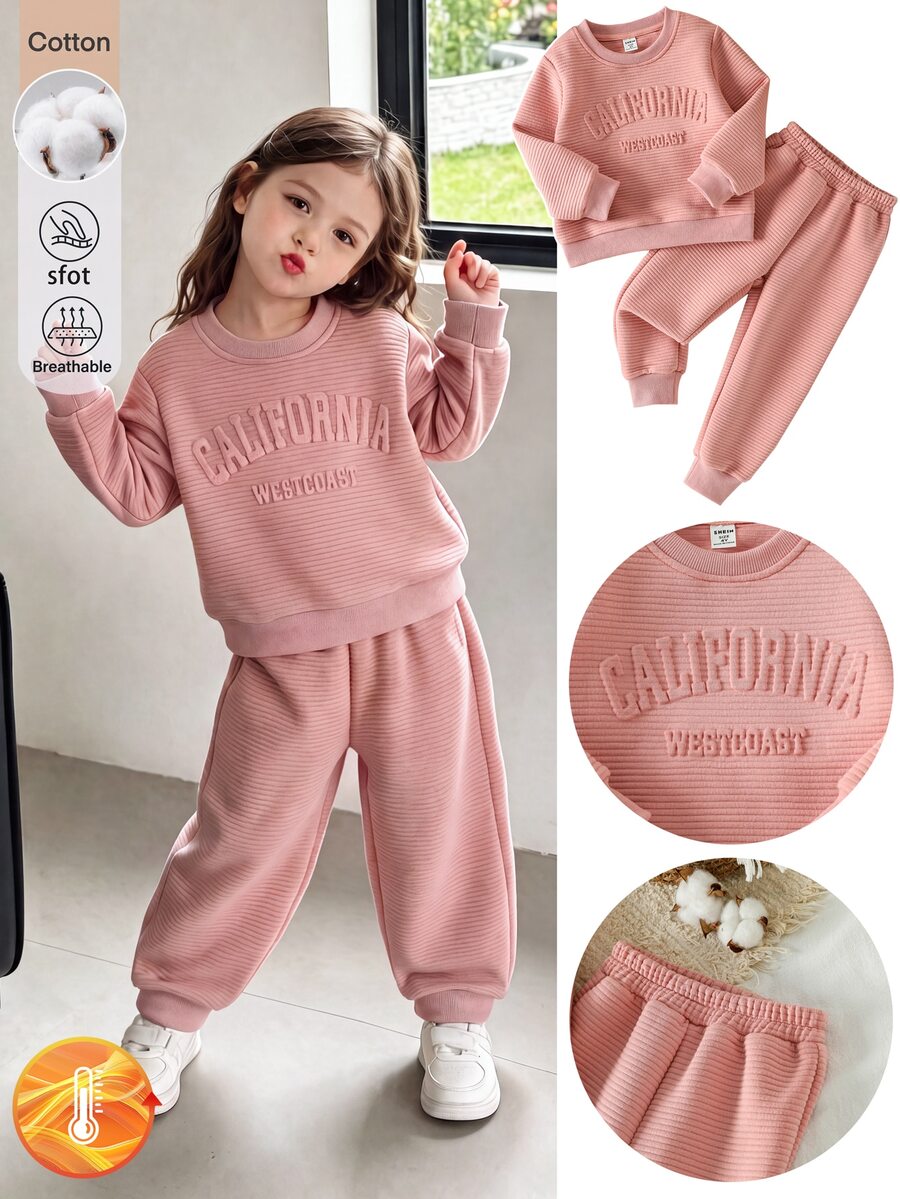 SHEIN 4-8Y Girls 2 Pieces Ribbed Tracksuit, Crew Neck Embossed Letter Sweatshirt & Jogger Pants Set, CottonBlend Spring Autumn Casual Young Girl Outfit