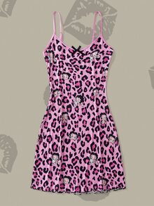 Betty Boop x SHEIN Women's Leopard Print Cartoon Spaghetti Strap Nightgown - Pink - View 7