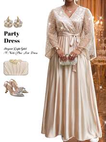 Fleurora Plus Size Elegant Glamorous Sequin Satin Evening Dress For Party And Wedding - Khaki - View 6