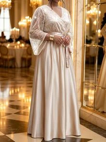 Fleurora Plus Size Elegant Glamorous Sequin Satin Evening Dress For Party And Wedding - Khaki - View 4