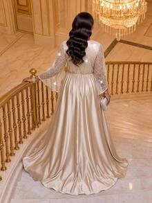 Fleurora Plus Size Elegant Glamorous Sequin Satin Evening Dress For Party And Wedding - Khaki - View 2