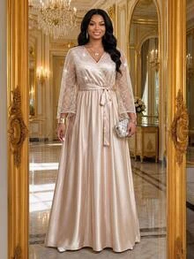 Fleurora Plus Size Elegant Glamorous Sequin Satin Evening Dress For Party And Wedding - Khaki - View 5