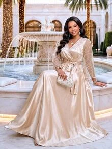 Fleurora Plus Size Elegant Glamorous Sequin Satin Evening Dress For Party And Wedding - Khaki - View 1