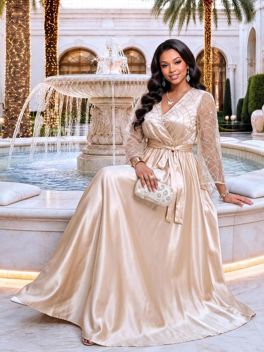 Fleurora Plus Size Elegant Glamorous Sequin Satin Evening Dress For Party And Wedding - Khaki - View 1