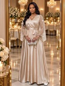 Fleurora Plus Size Elegant Glamorous Sequin Satin Evening Dress For Party And Wedding - Khaki - View 3